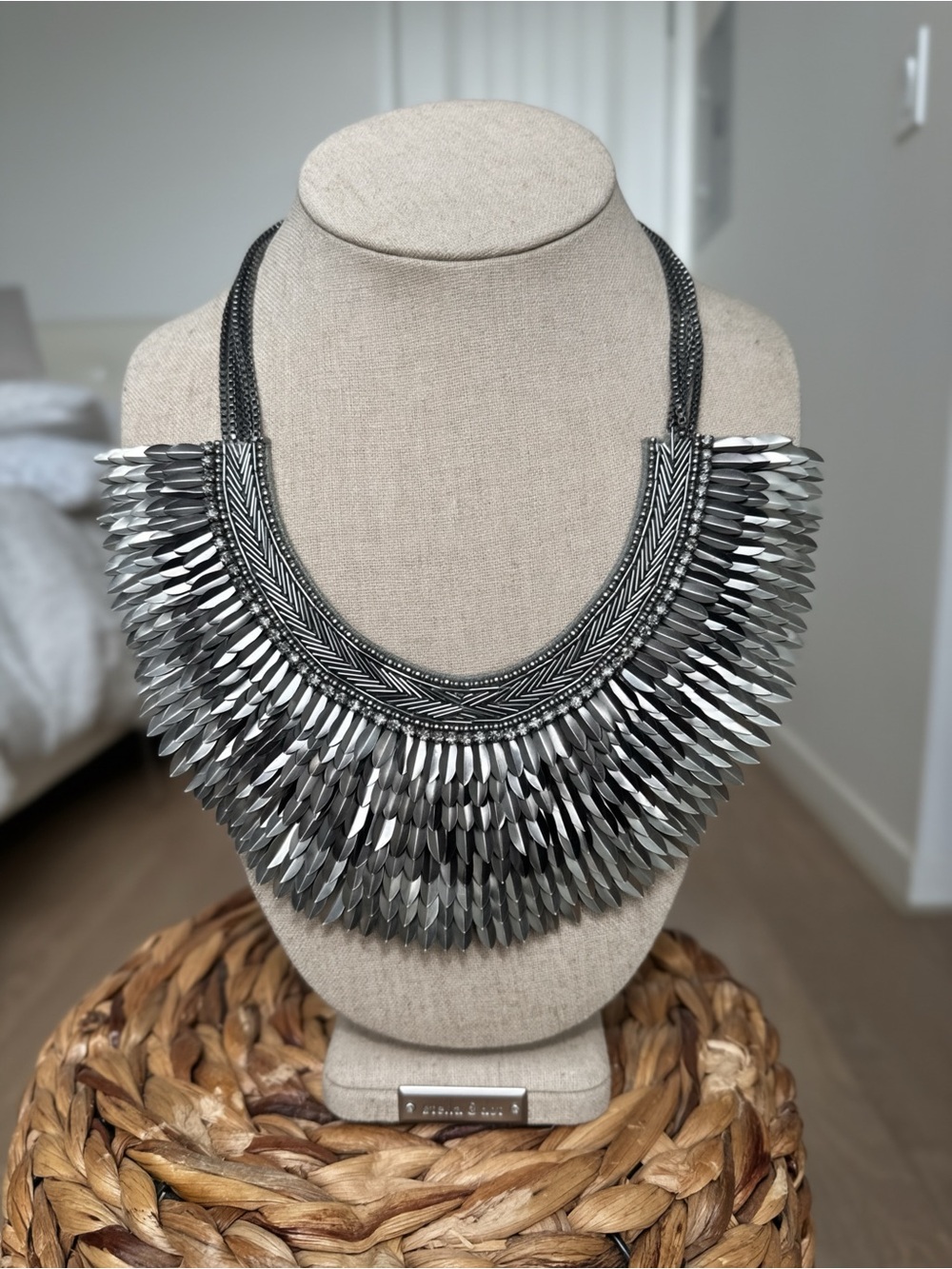 Stella & Dot Pegasus Feather Bib Statement Necklace | Silver + Gunmetal